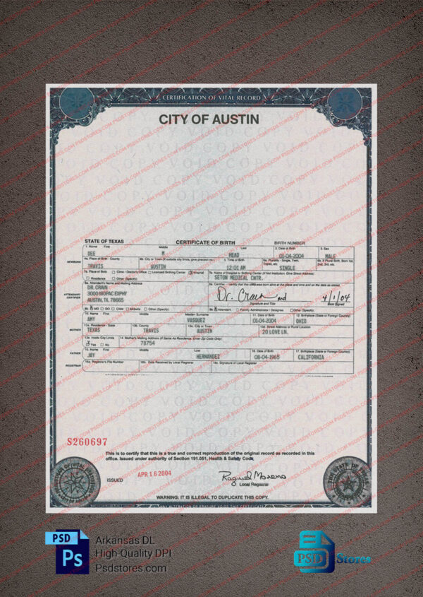 City Of Austin Birth Certificate Template (V1) - PSD Stores