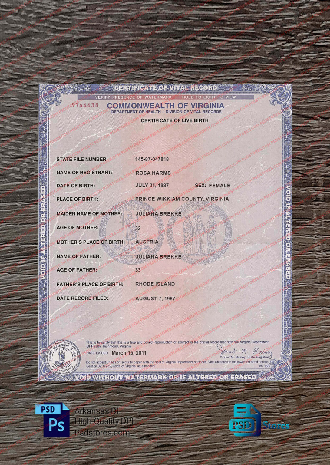 Virginia Birth Certificate Template - PSD Stores