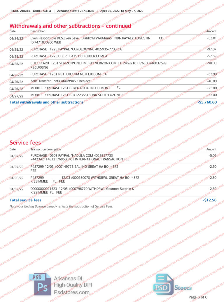 Bank of America Bank Statement Template - PSD Stores